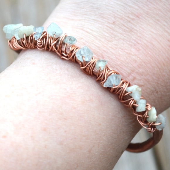 Genuine Aquamarine Gemstone Copper Cuff Bracelet - Picture 5 of 8